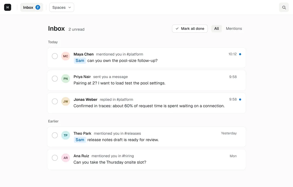 Hasarak's inbox: mentions, a direct message and thread replies, grouped into Today and Earlier, each with a circle to mark it done.